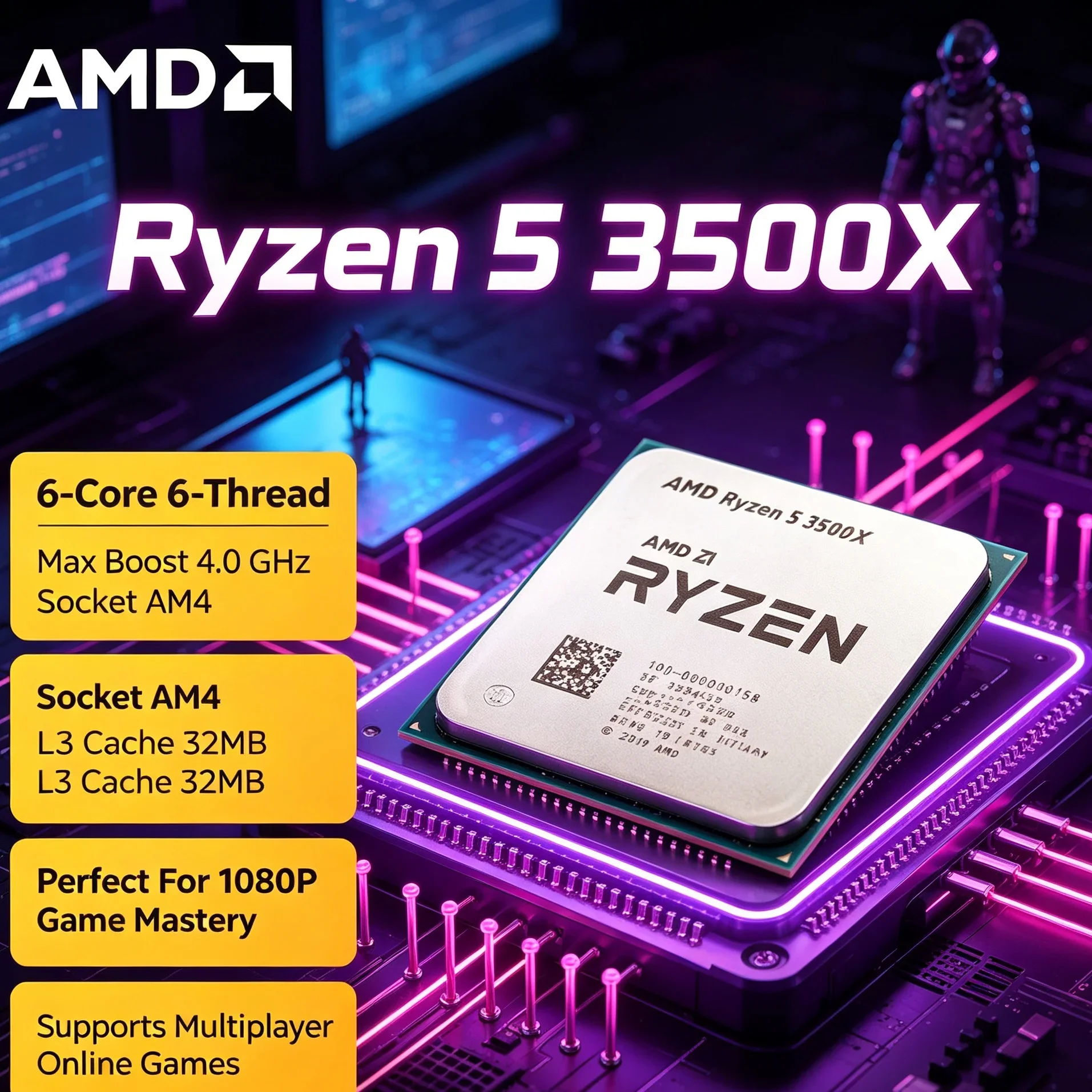 Processeur AMD Ryzen 5 3500X pour configuration de jeu 1080P 144Hz avec carte graphique de milieu de gamme, pour des FPS fluides en combat.