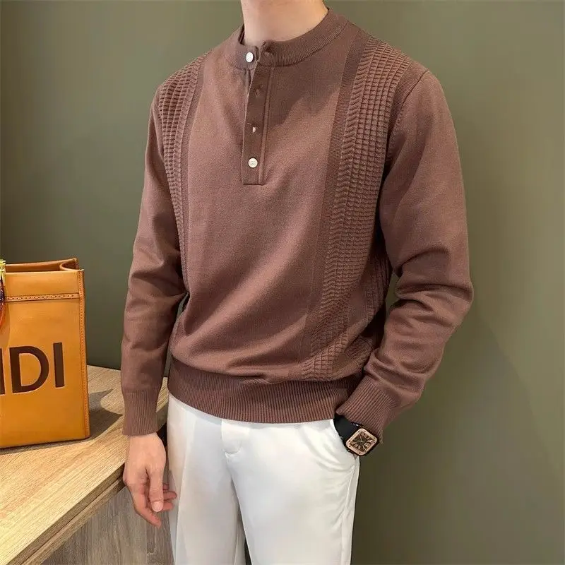 Men's Clothing Vintage Fashion Henry Collar Business Casual Knitted Sweater Autumn Winter Solid Long Sleeve Loose Pullover Tops