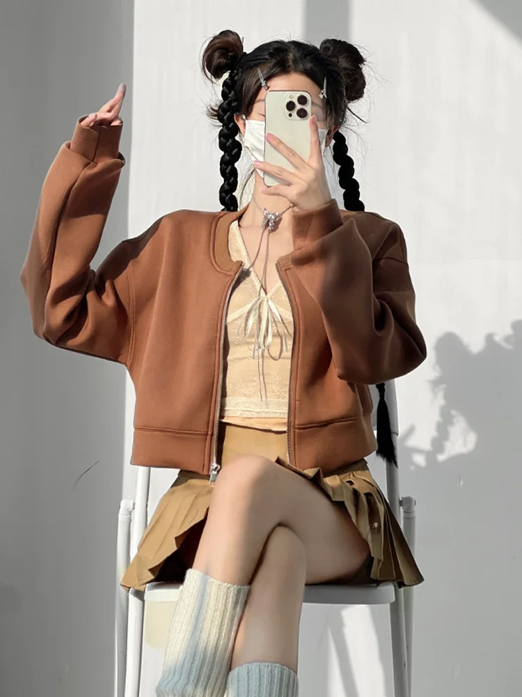 

Повседневная женская толстовка на молнии с длинным рукавом, новинка весенней коллекции, белая верхняя одежда, укороченный топ маленького размера, удобный уличный стиль