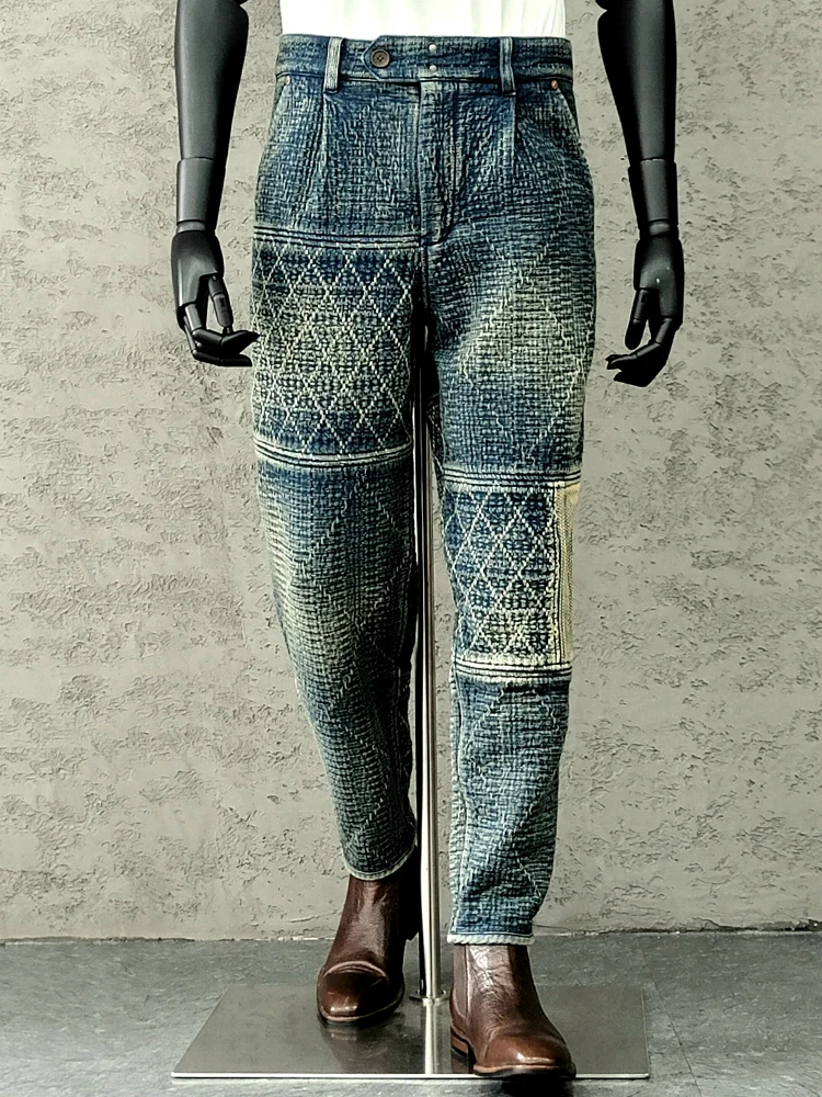 Amekaji Style Retro Stitching Distressed Casual Pants Small Feet Japanese Wash Made Old Trousers for Men