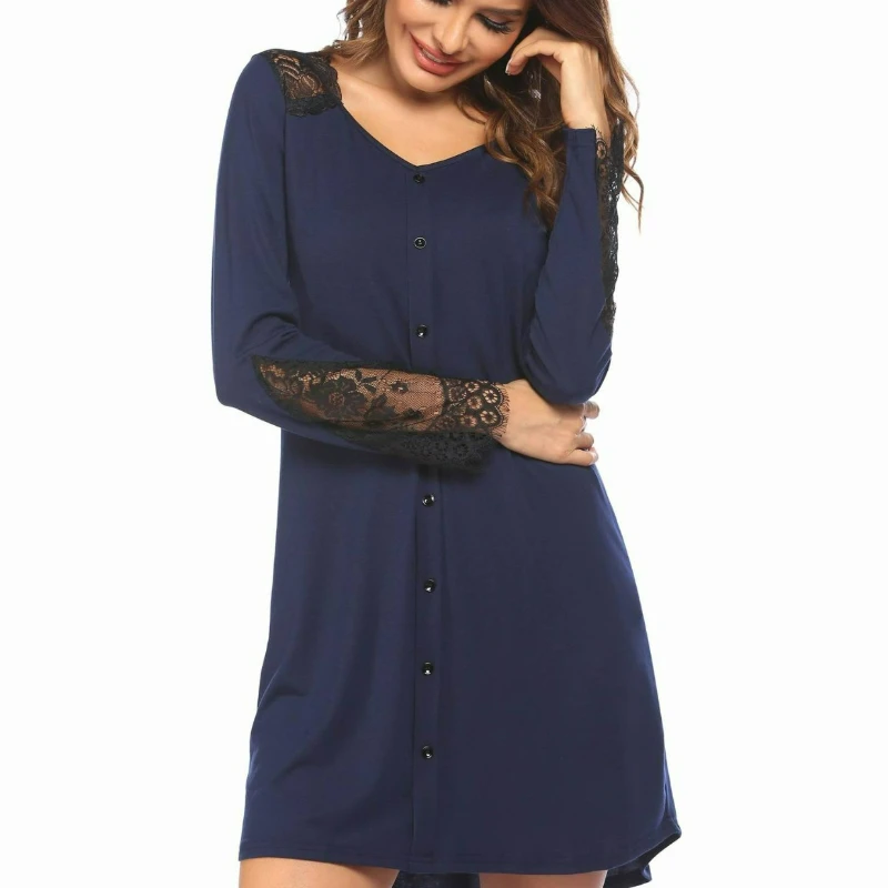 النمط الأوروبي الأمريكي المرأة طويلة الأكمام ثوب النوم الدانتيل المرقعة الجبهة التلبيب البلوز ملابس المنزل منامة للنساء 2026 الخريف #5