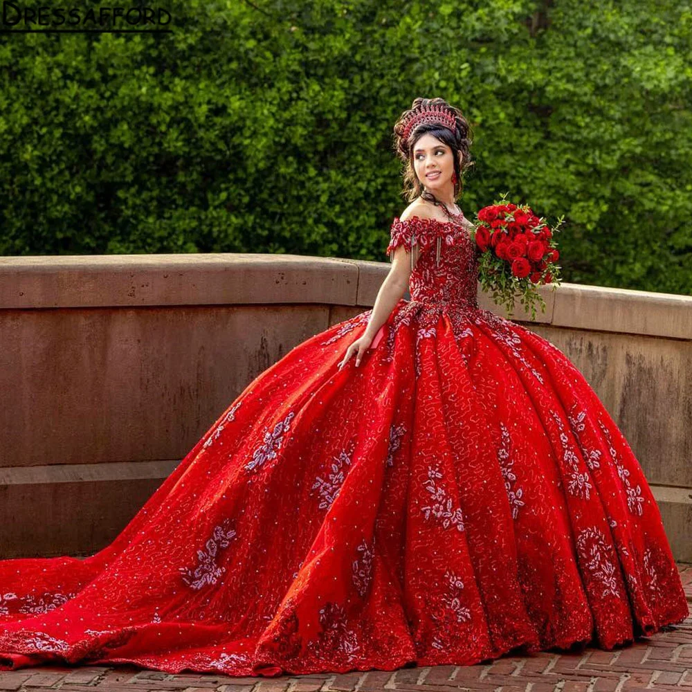 Red Quinceanera Dress Ball Gown Shining Applique Tulle Off The Shoulder Sexy Dresses Sweet 16 Girl Birthday Pageant Dress