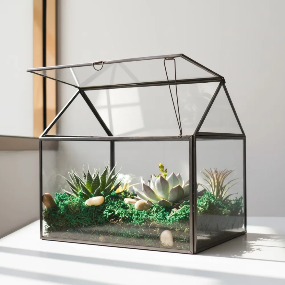 

Large Glass House Terrarium Kit for Succulents - Black Greenhouse Planter with Lid, Home Office Decor