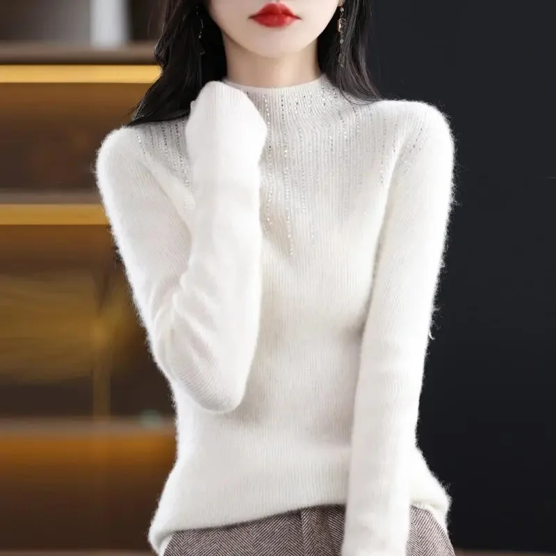 Fashion Turtleneck Crystal Sweater Women 2024 New All Match Long Sleeve Knitwear Woman Korean Solid Knitted Pullover Ladies