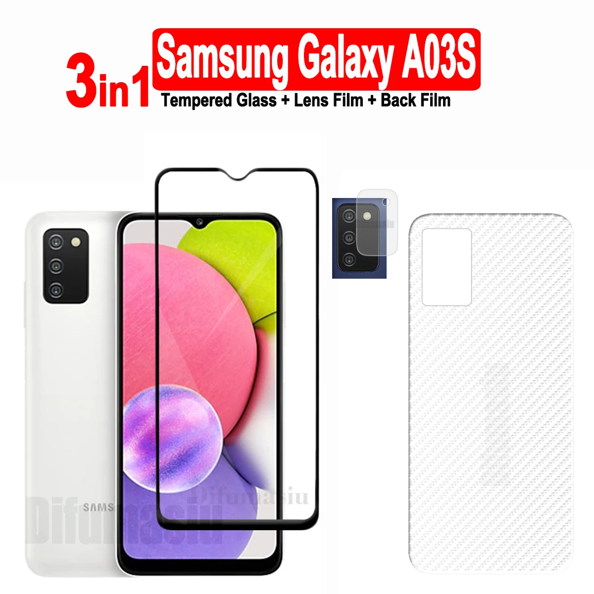 

3in1 For Samsung Galaxy A03S Tempered Glass Screen Protectors + Soft Back Film + Soft Camera Lens Film