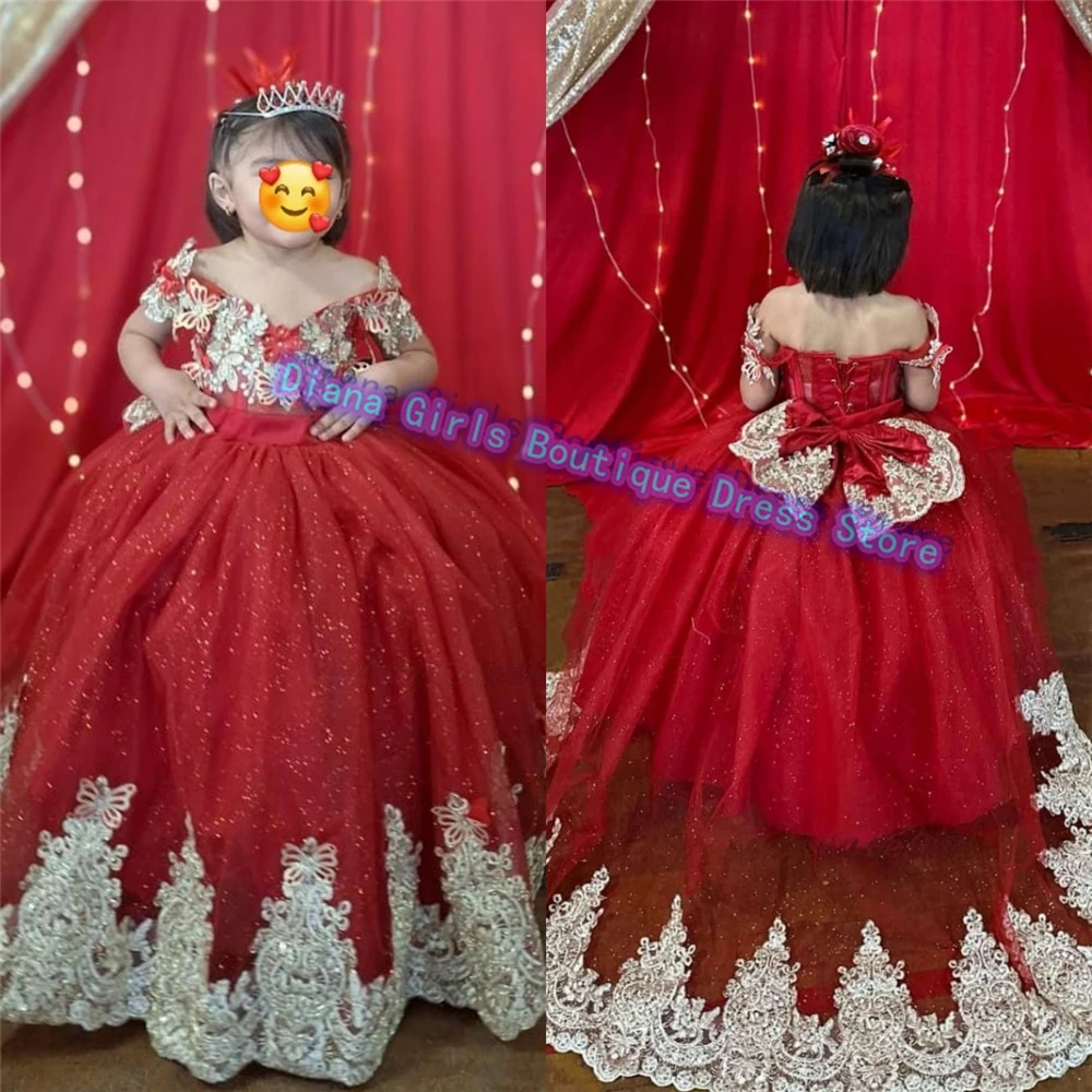 Gorgeous Quality Flower Girl Dress Red Tulle Fluffy Gold Lace Applique For Wedding Ball Dresses Kids Birthday Party Evening Gown