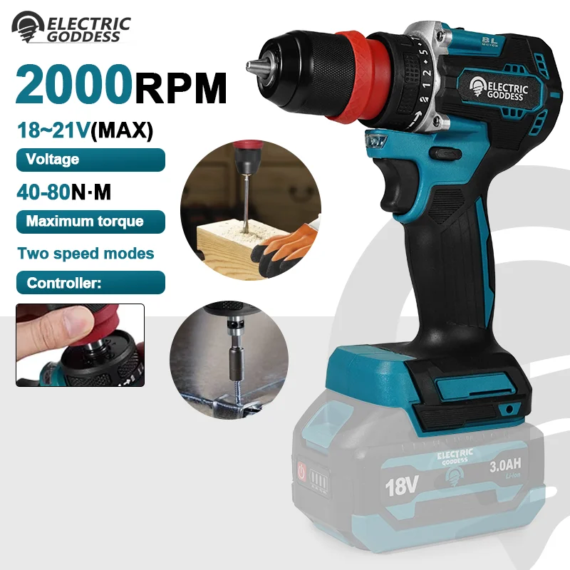 

Electric Goddess 10mm Brushless Impact Drill Electric Screwdriver Cordless Hand Drill Ice Breaking Tool For Makita 18V Battery