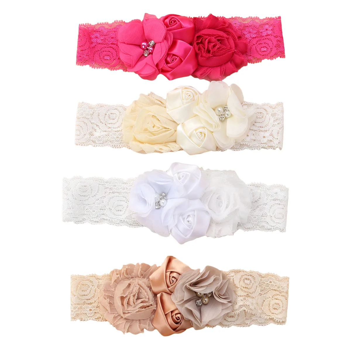 

4Pcs Baby Lace Headbands Elastic Stretchy Ribbon Chiffon Rhinestone Flowers Comfortable for 0-3 Years Girls Baptism Christening