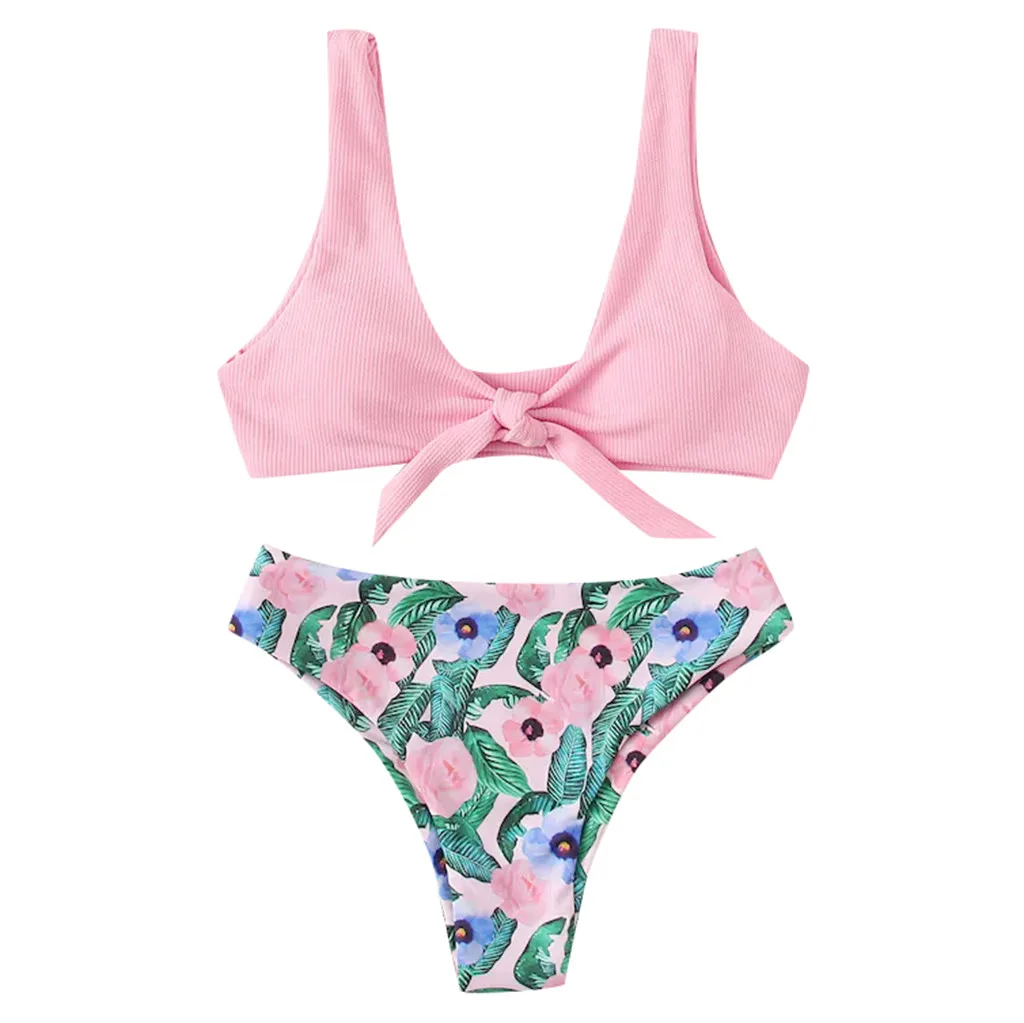 Two Piece Bikini Sets Floral Print Bra Top Solid Brief Swimsuit Women Swimwear Tankini Set Push Up Biquini Suit Summer Beach