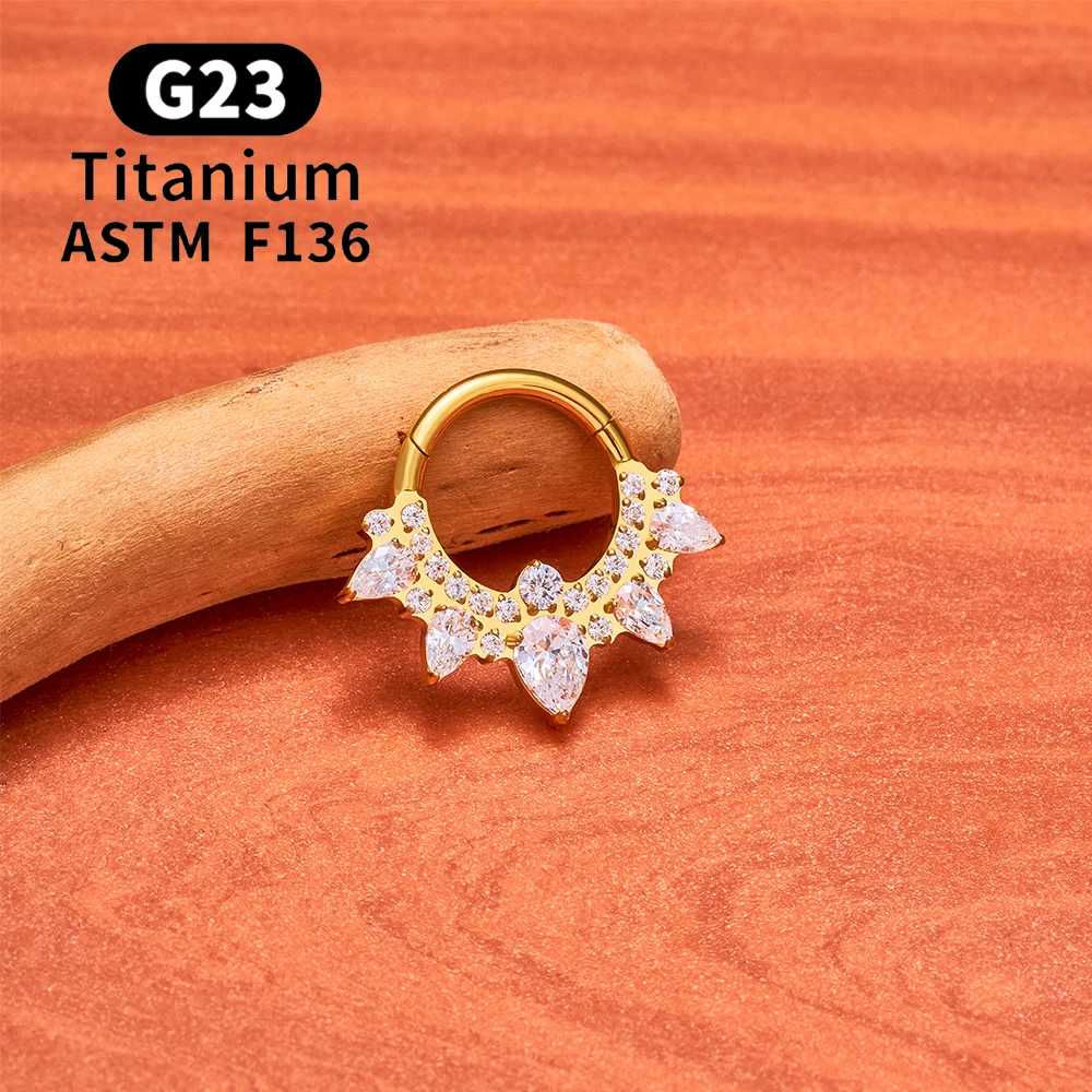 ASTM F136 Titanium 16G Pear CZ Nose Ring Hinged Clicker Septum Hoop Daith Earring Tragus Conch Helix Cartilage Piercing Jewelry