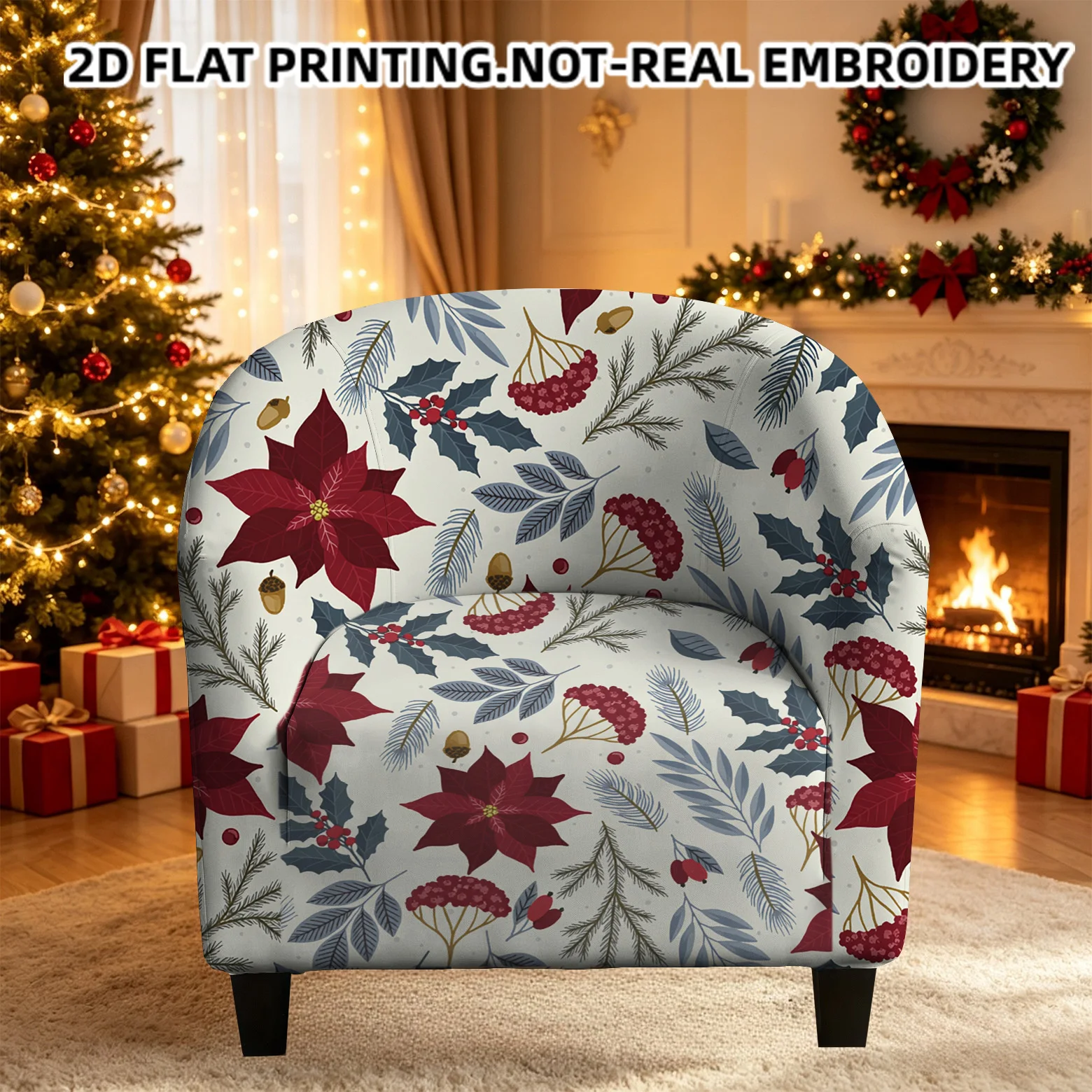 Christmas seamless poinsettias holly red berries printed armrest sofa cover, 2D printed holiday elastic single club sofa cover