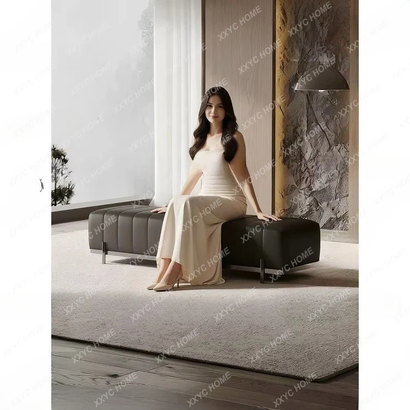 XX Genuine Leather Luxury Bed Bench Metal Piano Key Sofa Stool Soft Padded Ottoman for Living Room Moon Surface Design