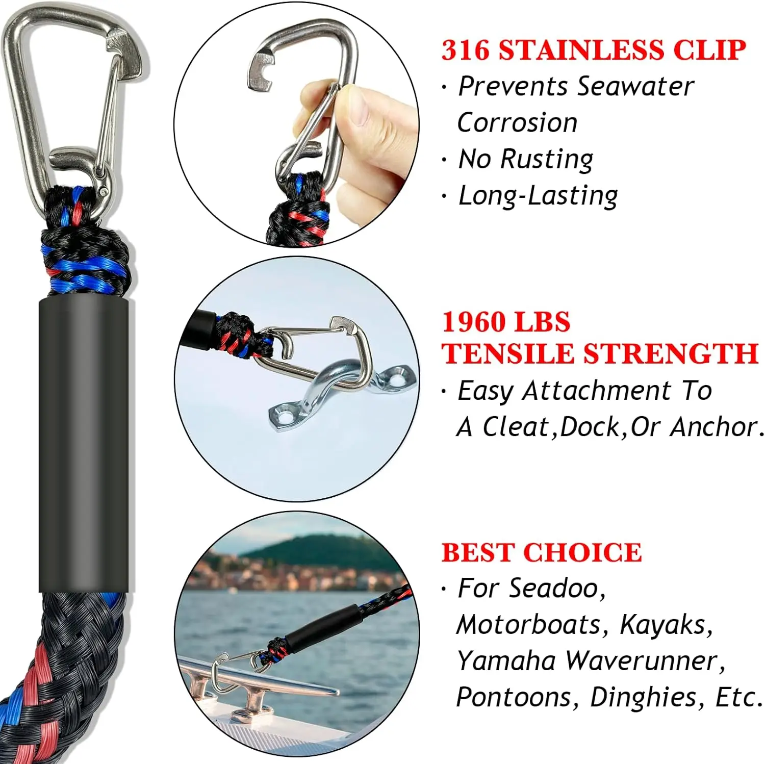 2pcs Marine Bounce Rope Elastic Mooring Line with M8 Metal Buckle Boat Mooring Rope Stretch Surf Rope Boat Mooring Accessories view 2