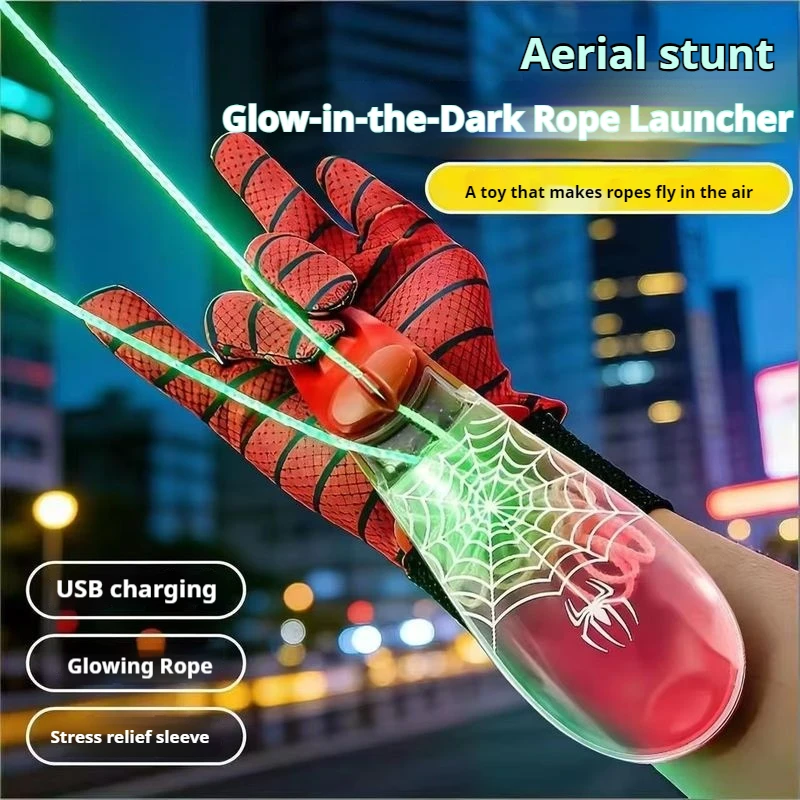 Lançador de Teia de Aranha Elétrico que Brilha no Escuro, Corda Luminosa Retrátil, Brinquedo Interativo Recarregável USB com Retração Automática do Cabo