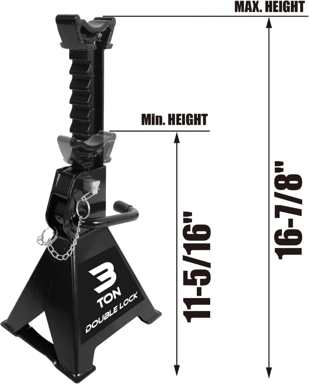 Heavy Duty Steel Jack Stands: Double Locking Pins, 3 Ton (6000 lb) Capacity, Adjustable Height 11-16 inches, Black Pair