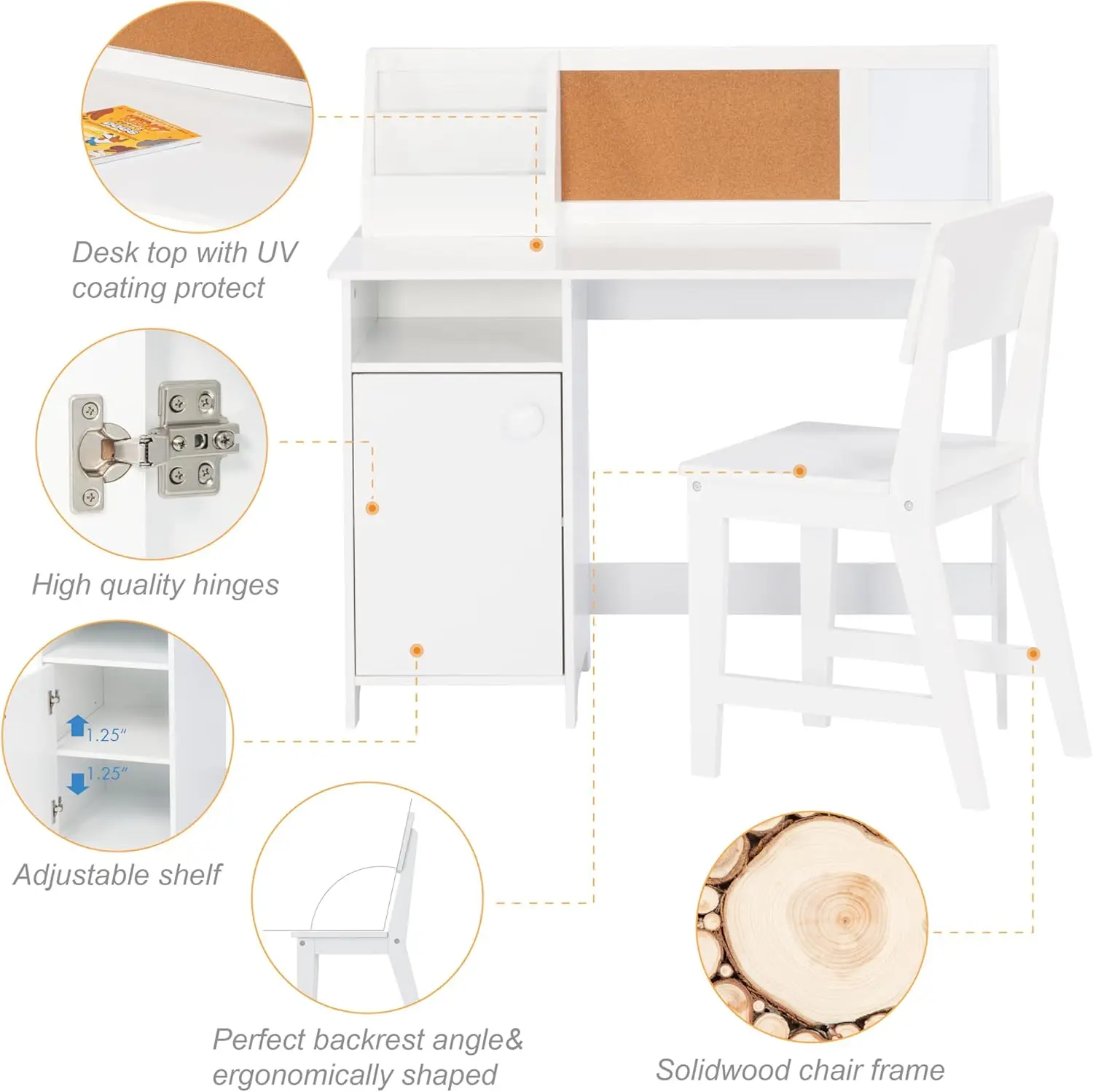 Kids Study Desk with Chair, Wooden Children School Study Table with Hutch and Chair for 3-8 Years Old, Student's Study Computer