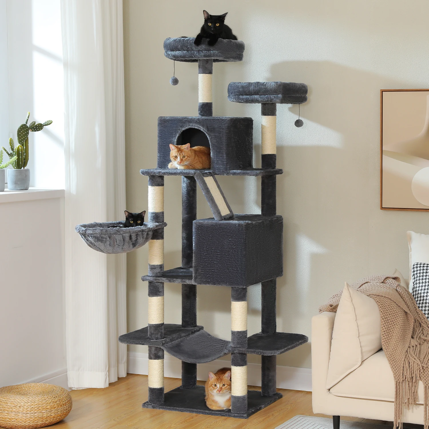 

Multi-Level Cat Tree with Spacious Hammock Scratching Posts Large Cat Condo for Indoor Tall Cat Tower Cat Furniture for Big Cats