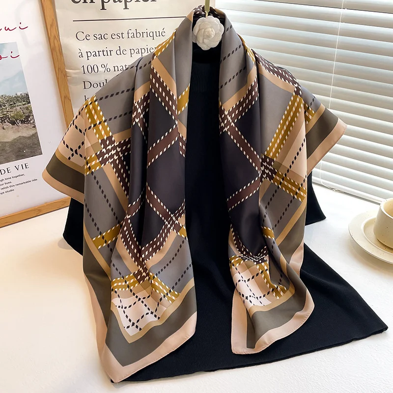 Plaid Scarf Women\'s Simple Silk Scarves Square 90cm Sun Protection Shawl Travel Decoration Beach Luxury Brand Lady