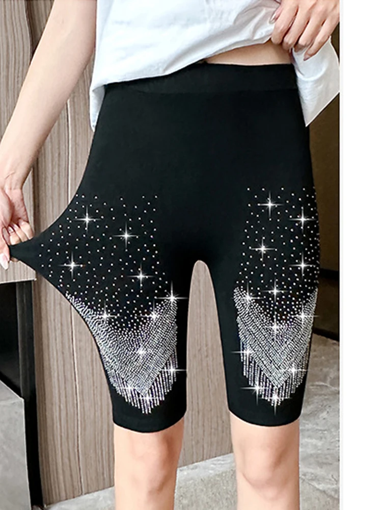 Neue sexy Leggings Frauen glänzenden Strass Design schwarz dünne Turnhose Stretch kurze Hosen hochwertige Workout Leggins