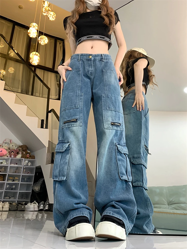 

Women's Multi Pocket Design Thin Jeans Young Girl Summer Street New Bottoms Casual Trousers Female Straight Cargo Denim Pants