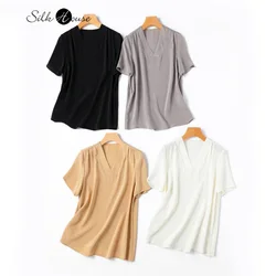 Basic 26MM 93% Natural Mulberry Silk Elastic Heavyweight Double Crepe V-neck Short Sleeved Solid Color Versatile Women's T-shirt