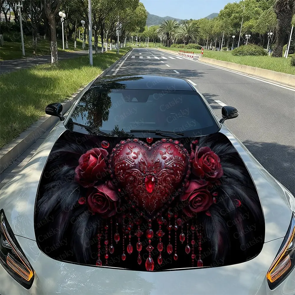 

Red Bead Tassels, Roses & Gem Heart Car Vinyl Wrap, PVC Waterproof Car Hood Sticker, Self-Adhesive Scratch-Resistant Stickers