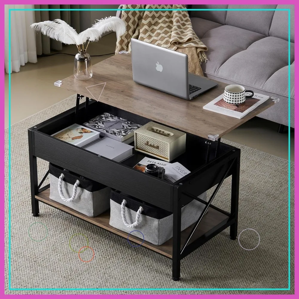 

36" Lift Top Coffee Table with Storage Bins, Rustic Grey Modern Minimalist Design for Living Room Small Spaces