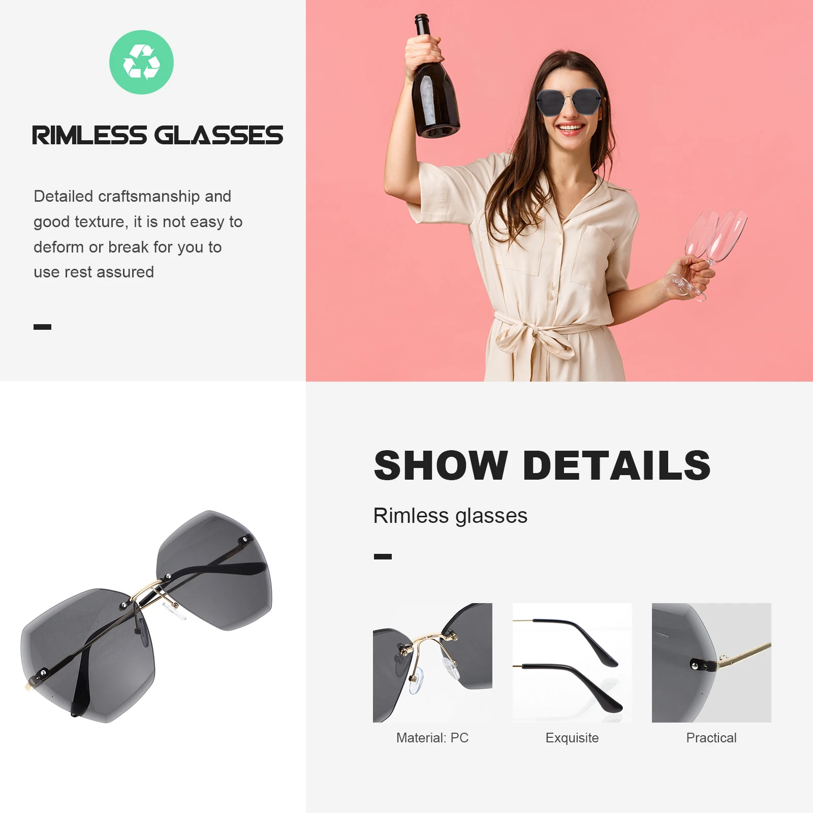 

Frameless Sunglasses Polarized Outdoor Glasses Trendy Oval Shape Durable PC Comfortable Curved Legs Party Beach Travel