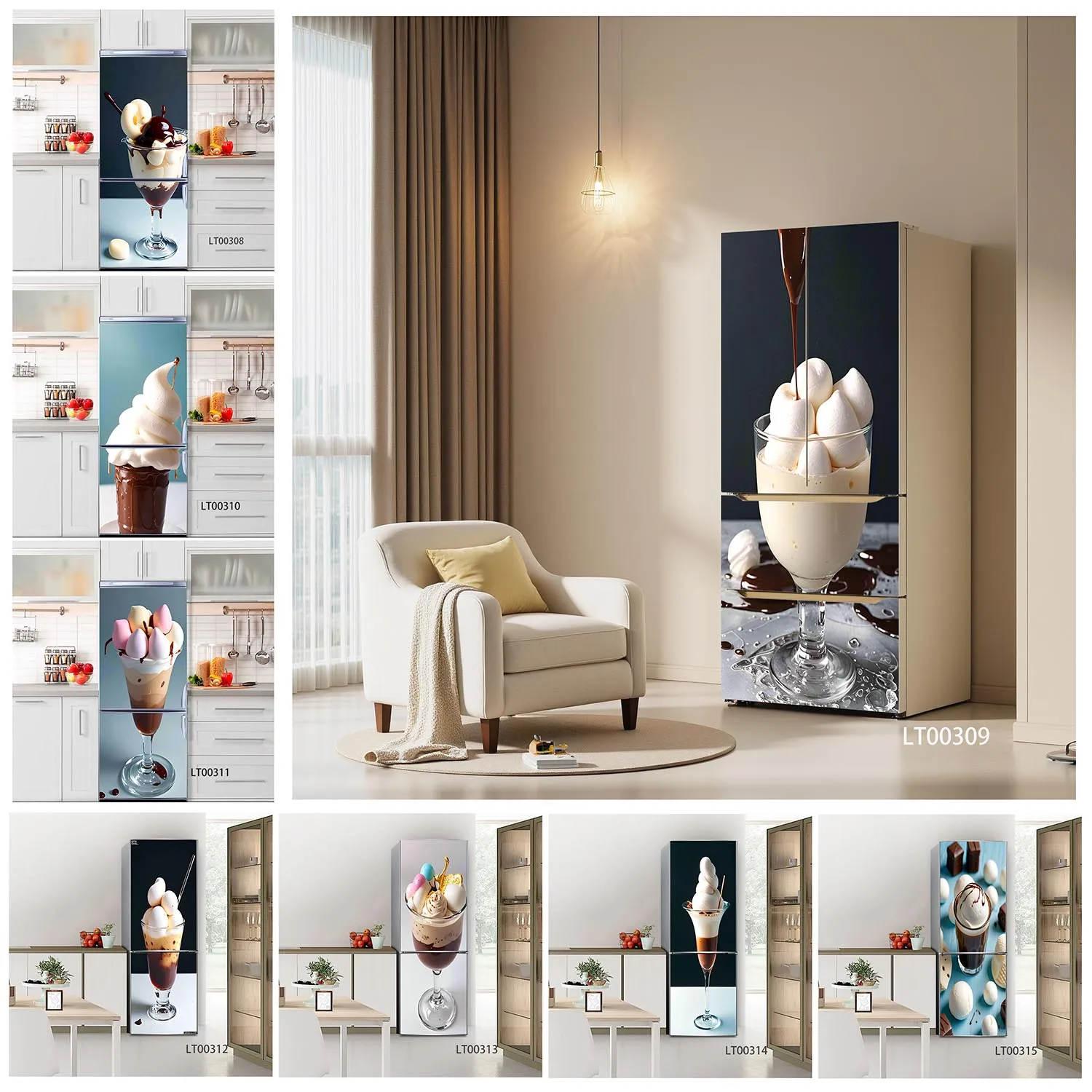 

Chocolate Sundae Dessert Fridge Stickers Self Adhesive Waterproof Anti Scratch Refrigerator Cover for Kitchen Aesthetics Decor