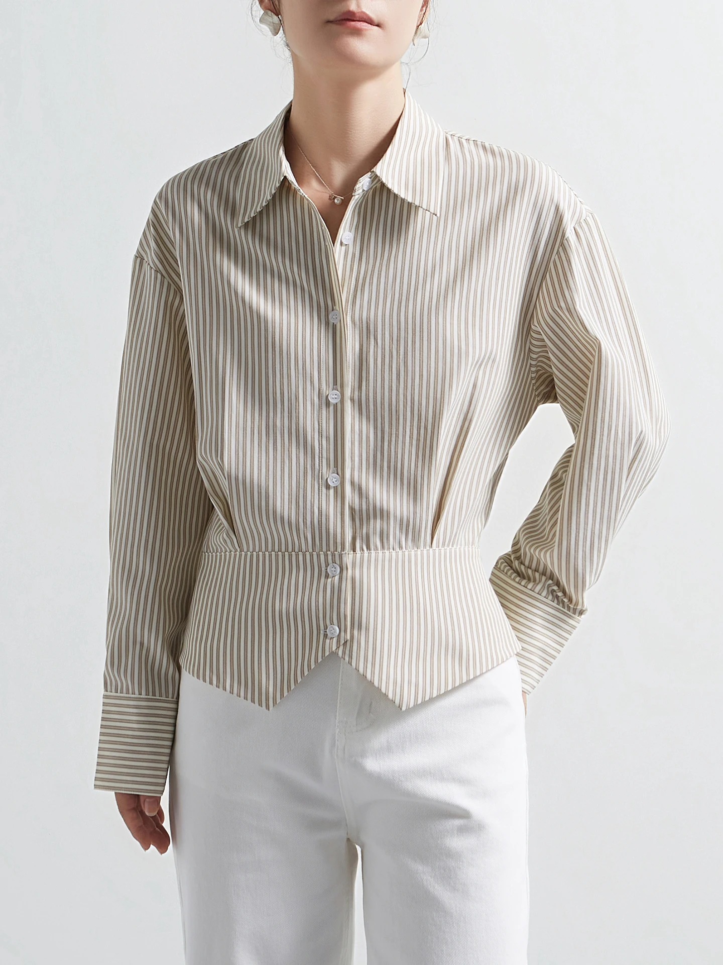 

CHICBLISS Khaki Vertical Stripes Long Sleeve Shirt Women's Beautiful Unique Small Shirt Professional OL Commute French Style ...