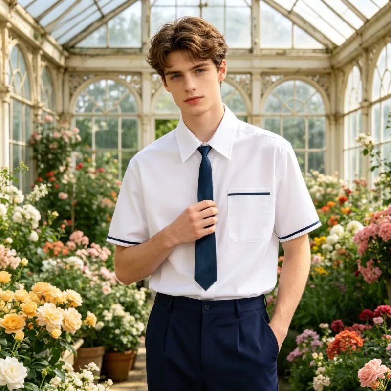 Korean and Japanese College Style School Uniform Set, Blue Trimmed White Shirt, Navy Blue Pants, Tie, Youthful Campus Clothing