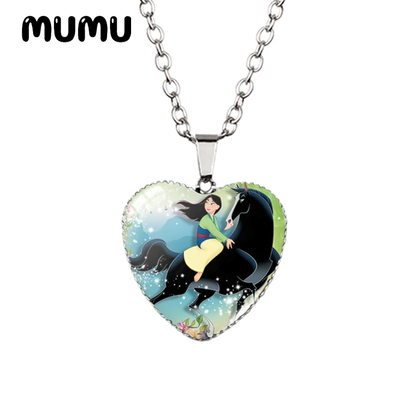 2024 New Princess Mulan Heart Necklace Art Glass Printed Photo Pendant Handmade Jewelry Gifts Children