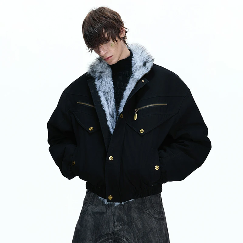 LUZHEN 2026 Winter Fashion Solid Color Faux Fur Splicing Collar Thickened Warm Parka Jacket Men's Handsome Padded Coat JY5911