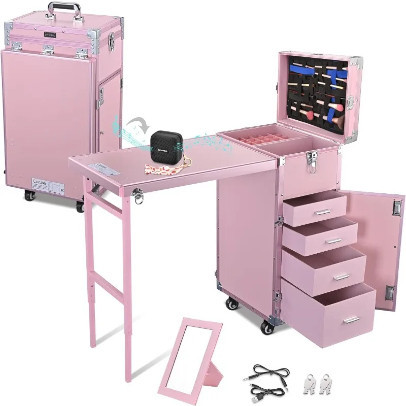 

Rolling Manicure Table Foldable Nail Table Makeup Train Case with Desk Cosmetic Trolley Travel Storage Organizer