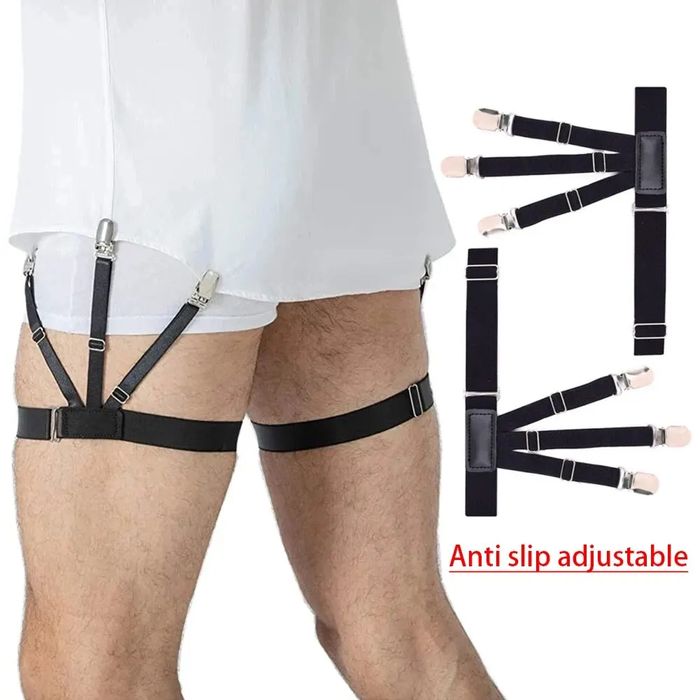 Men's Shirt Garters Adjustable Elastic Leg Suspenders Shirt Holders Straps Belt Crease-Resistance Non-slip Locking Clamps Black