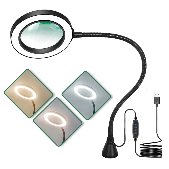 Magnetyczna lampa powiększająca LED 3X/6X 360° °   Metalowa, elastyczna, ściemnialna lupa z podświetleniem do spawania, czytania, pracy