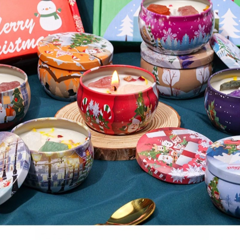 4Pcs/box Natural Raw Crystal Tin Scented Candle Set Vanilla Agarwood Ocean Candle Jar Christmas Aromatherapy Decor Xmas Gift