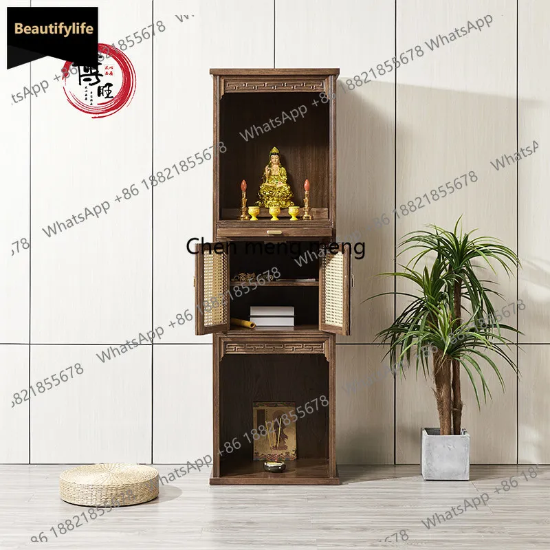 old elm two-layer buddha niche with door, modern for home guanyin god of wealth standing cabinet altar cabinet c139
