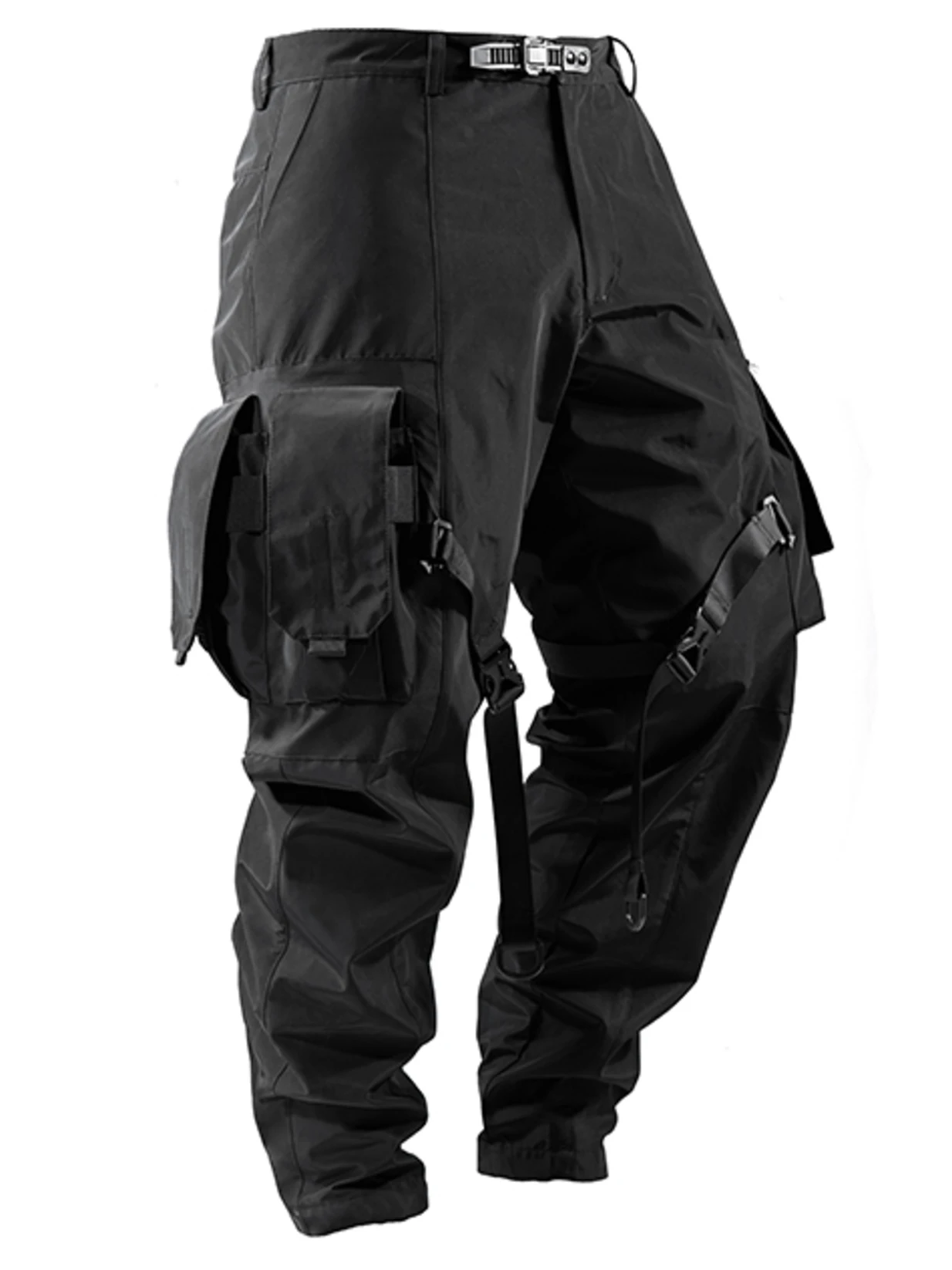 補強されたlusion18aw機能防水ブラックカーゴパンツ、ストラップ付き大きなポケット付きtechwear darkwear trouer