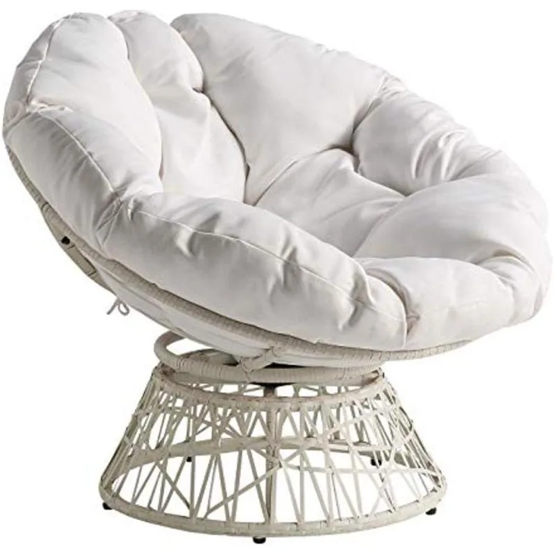 Wicker Papasan Chair with 360-Degree Swivel, White Frame with White Cushion