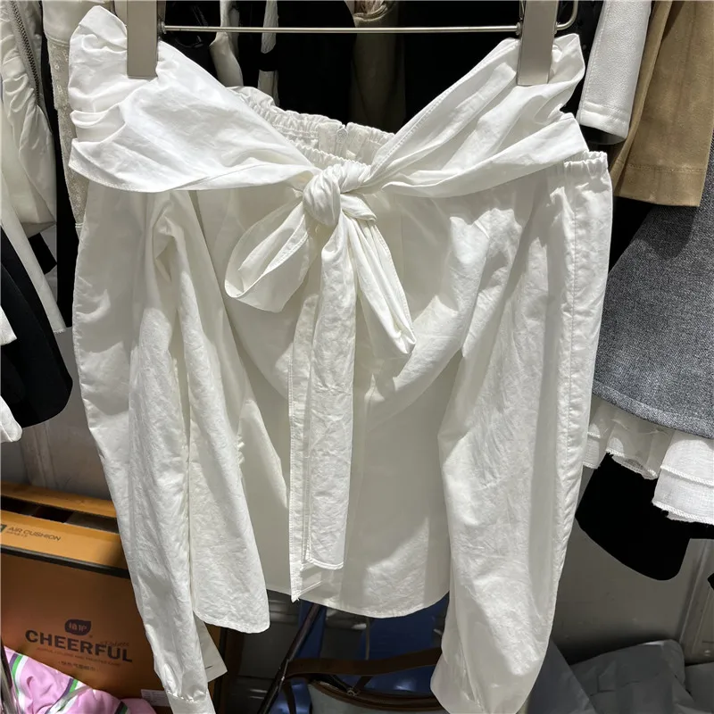 

White Shoulder Bared Long Sleeve Women's Shirt Knot Versatile Open Cardigan Top Korean Style Slim Fit Commute Style