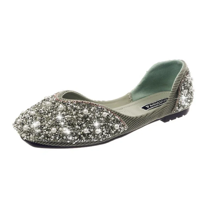 Glitter Crystal Pearl Studs Ballet Shoes Women Square Toe Slip on Loafers Cozy Shallow Cut-out Ballerina Flats Moccasins Female