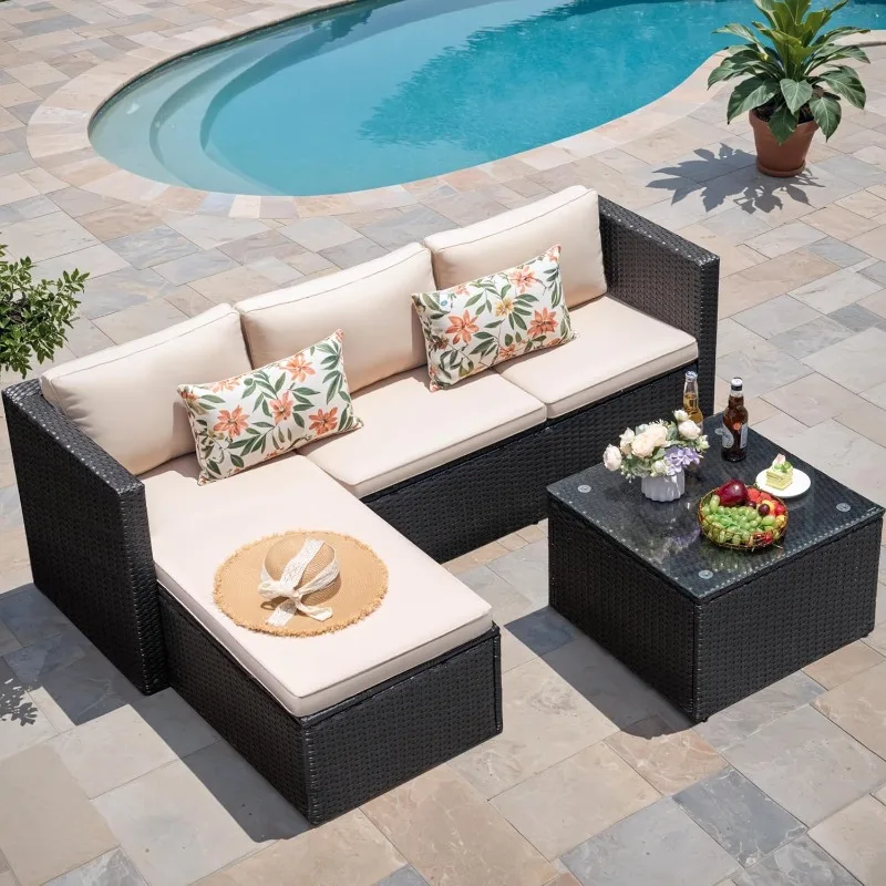 Greesum 3 Piece Patio Furniture Set Outdoor Wicker Rattan Sectional Sofa with Adjustable Seat, Soft Cushions & Coffee Table