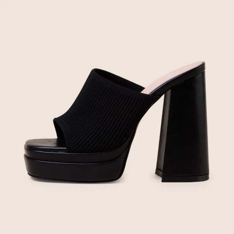 Stretch Fabric Coarse Following High-heeled Sandals Solid Women Slipper Fashion Platform Open Toe Party Dress Shoes Sizes 35-42