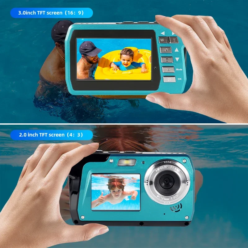 Câmera à prova d'água 56MP Câmeras subaquáticas UHD 4K / 30FPS Gravador de vídeo com telas duplas Câmera digital de natação de 10 pés para mergulho com snorkel