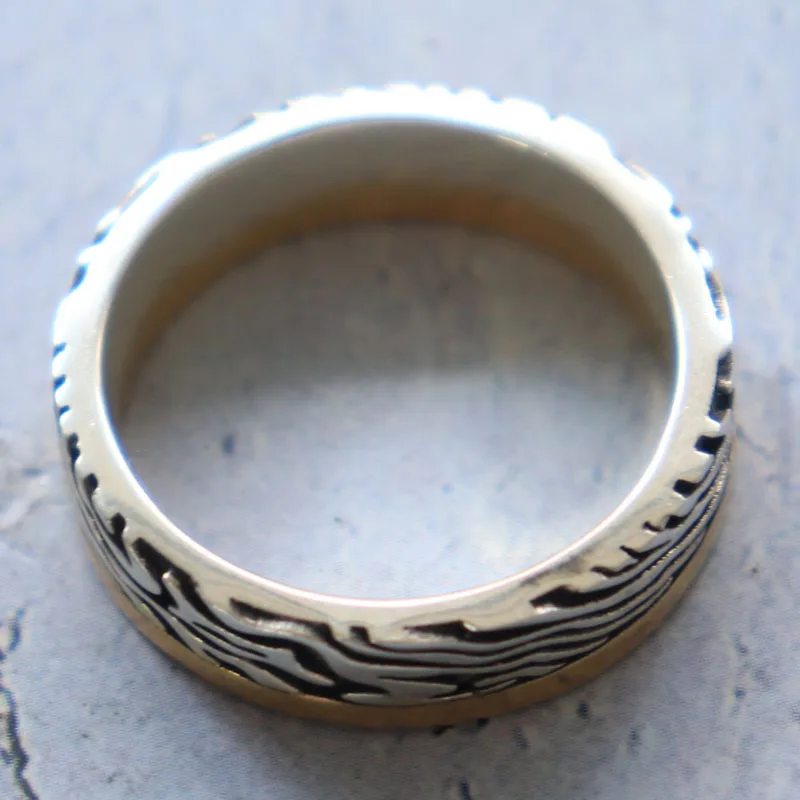 Cincin Kawin Motif Damask Mokume Gane 7-10g, Emas 925 Perak Sterling Solid untuk Pasangan