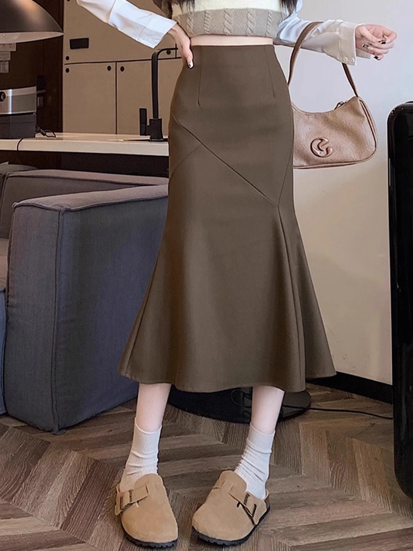 카라멜 울 스커트 여성용 가을 겨울 신상 하이웨이스트 A라인 미디 기장 바디콘 피테일 스커트 여성 패션