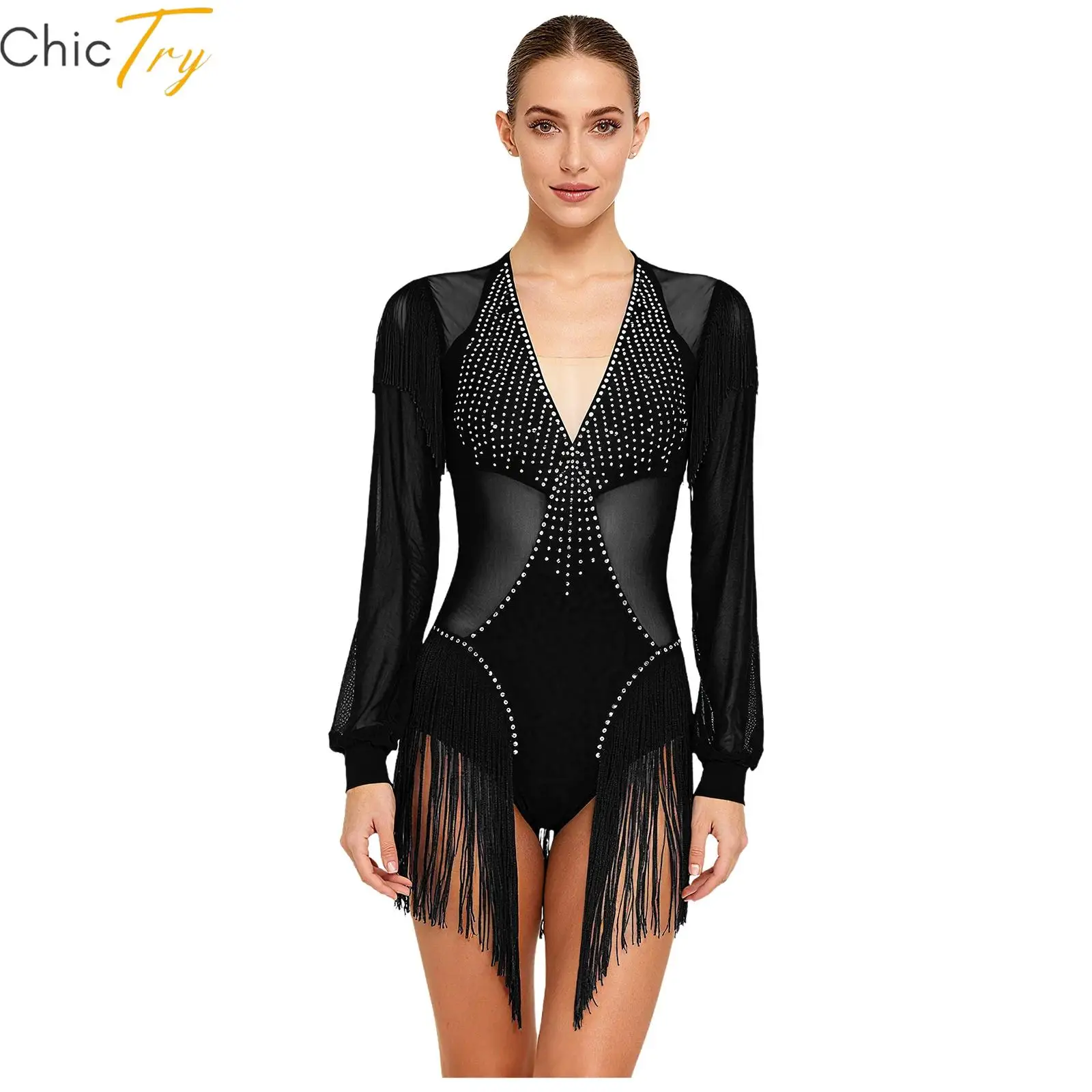 Robe justaucorps de Tango latin pour femmes, body d'entraînement de gymnastique de Ballet avec maille transparente, Patchwork de strass, pompon, vêtements de Salsa