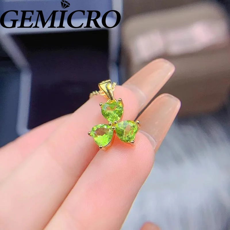 Gemicro 100% 925 Silver Natural Peridot Gemstone Pendant for Women Fine Jewelry Anniversary Mothers' Day Gifts 18K Gold Plated