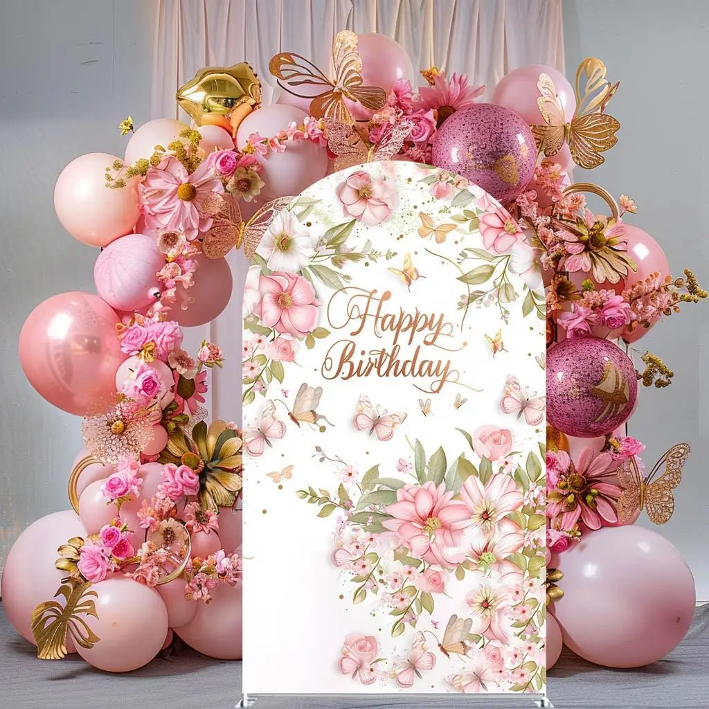  Floral Happy Birthday Arches Backdrop Cover Pink Flowers Butterflies Sweet Girl Women Birthday Party Photo Background Supplies